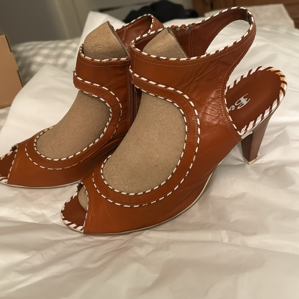 Ben Sherman peep toe ankle wrap camel leather sandal heels